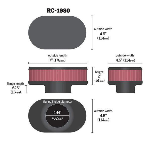 K&N Universal Clamp-On Air Filter 2-7/16in Flange 7in Length 4-1/2in Width 2in Height