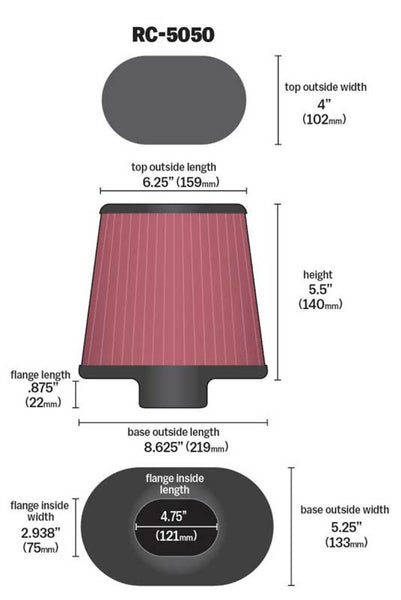 K&N Unique Chrome Filter Oval Tprd 8.625in B OL x 5.25in B OW x 6.25in Top OL x 4in T OW x 5.5in H