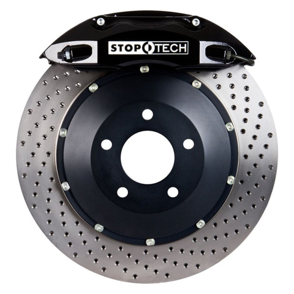 StopTech 98-04 Jetta / 98-06 Golf Front BBK ST40 Black Caliper 328x28 2pc Drilled Rotor