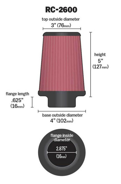 K&N Universal Chrome Filter .625in Flange L x 4in Base OD x 3in Top OD x 5in H