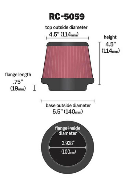 K&N Universal Clamp-On Air Filter 100mm FLG / 139mm B / 114mm T / 112mm H